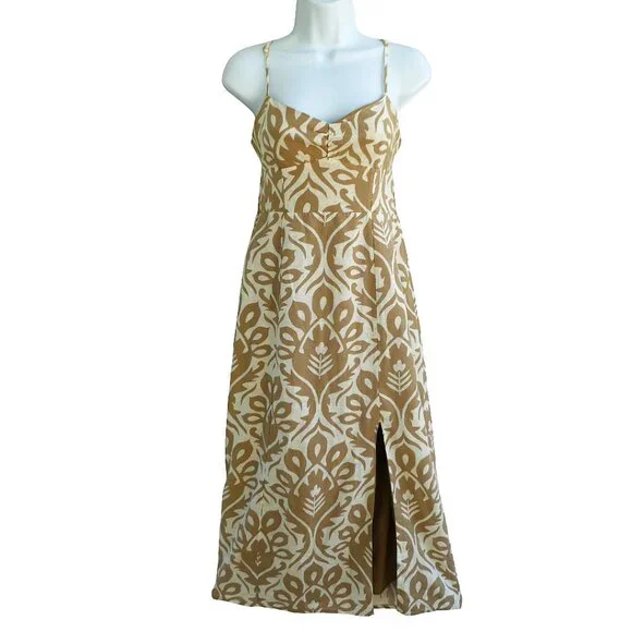 LiNeN CoTToN American Eagle Halter Maxi Dress Damask Smocked Tie Back Adj Straps - Picture 1 of 9
